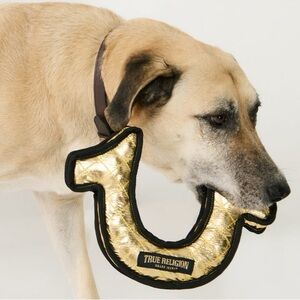 True Religion Horseshoe Logo Large Dog Toy New With Tags  11” W 8” H Gold Black